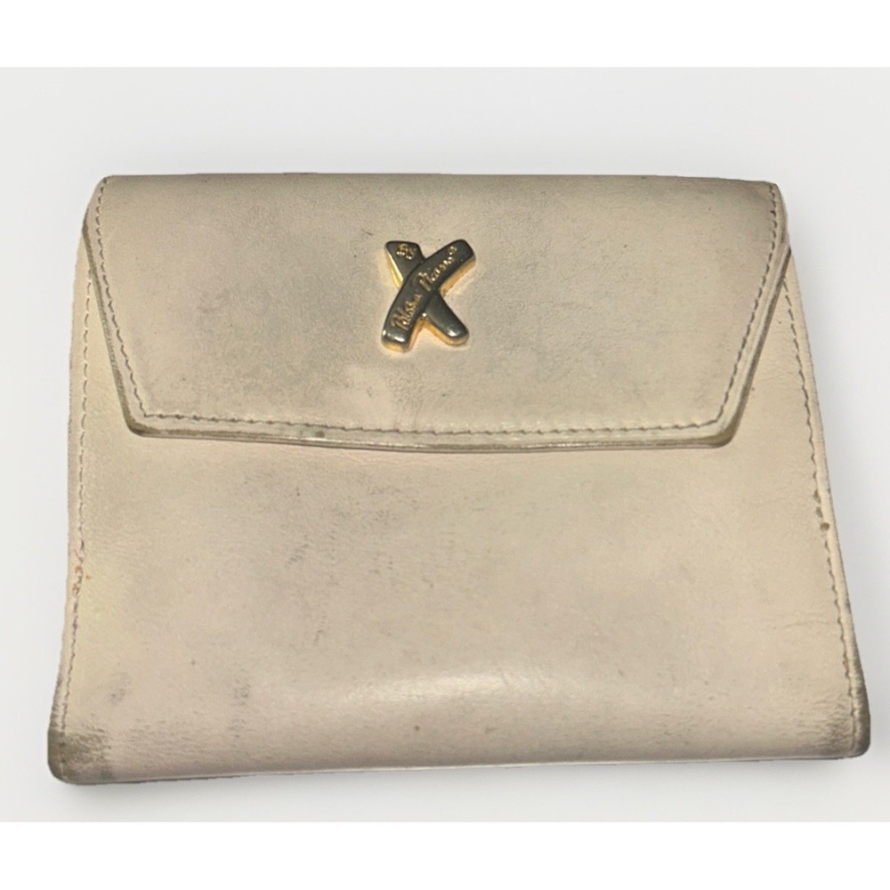 Paloma Picasso Beige Gold Leather Wallet Coin Pouch Card Holder ID Bills Fold